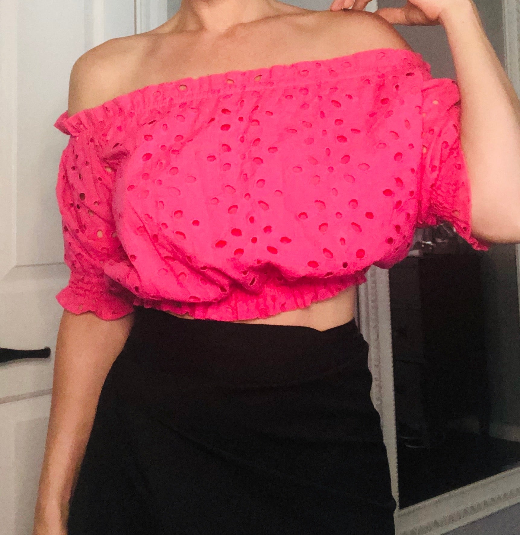 Azalea Pink Eyelet Off Shoulder Crop Top