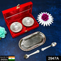 2947A Silver Plated 2 Bowl 2 Spoon Tray Set Brass with Red Velvet Gift Box Serving Dry Fruits Desserts Gift, Bartan DeoDap