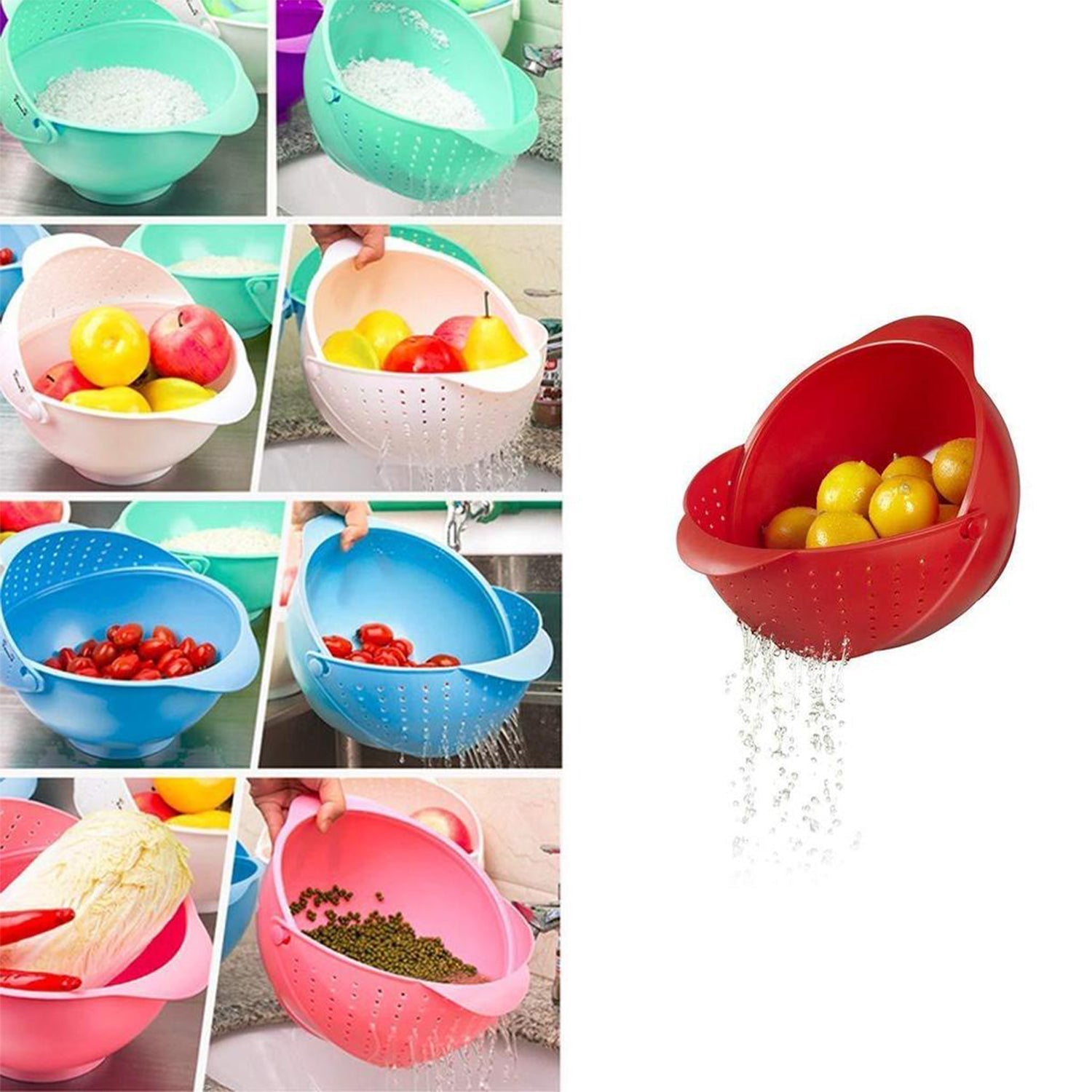 2145  Plastic Revolving Multi Functional Rice, Vegetable Fruit Wash Basket Bowl (Multi Colour) DeoDap