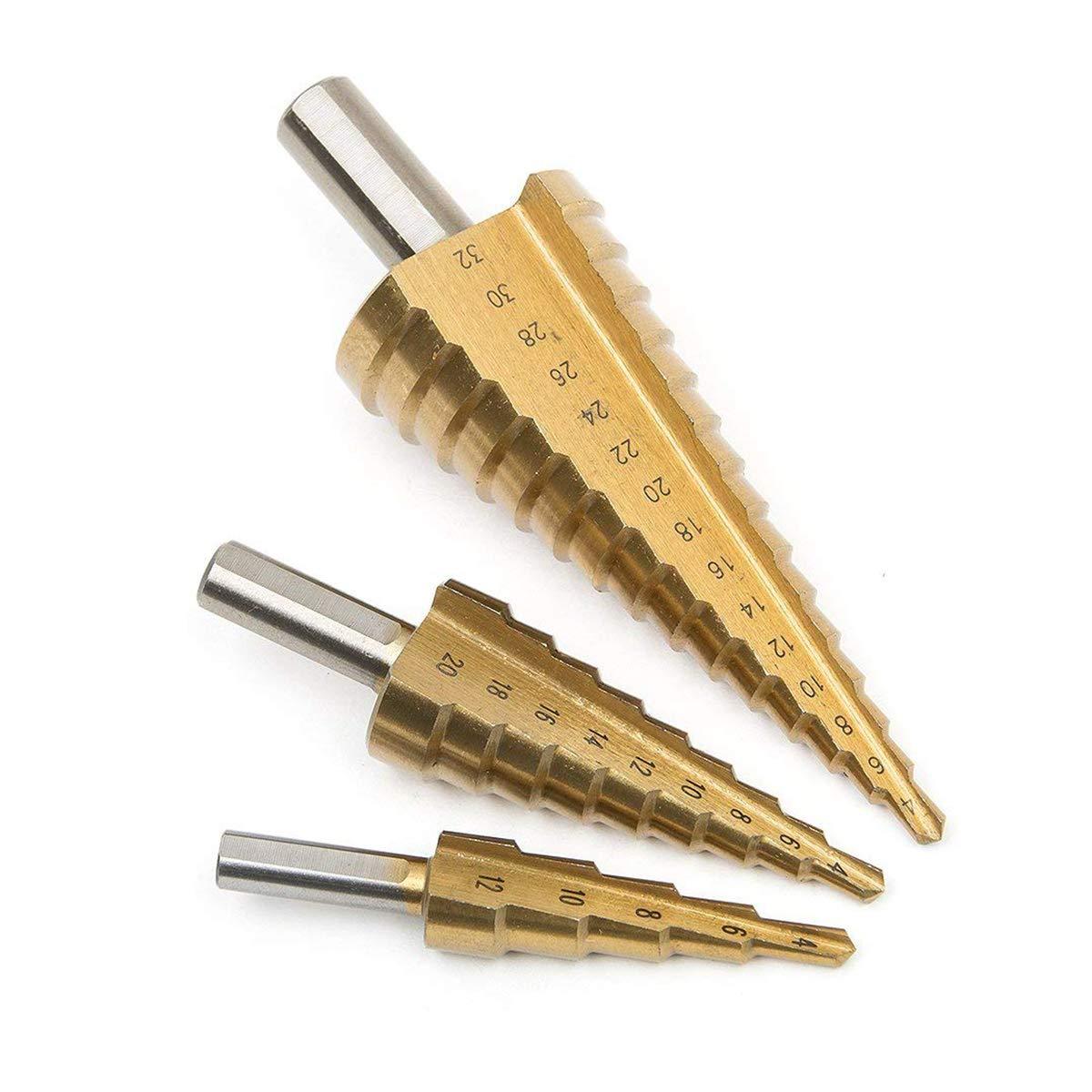 437 -3X Large HSS Steel Step Cone Drill Titanium Bit Set Hole Cutter (4-32, 4-20, 4-12mm) DeoDap