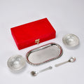 2947A Silver Plated 2 Bowl 2 Spoon Tray Set Brass with Red Velvet Gift Box Serving Dry Fruits Desserts Gift, Bartan DeoDap