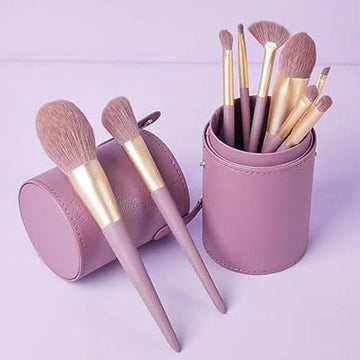 Aara Internationals Set 9 Pcs Professional Everyday Makeup Brushes Set with PU Leather bucket, Synthetic Hair Cosmetic Wooden Handle Brushes