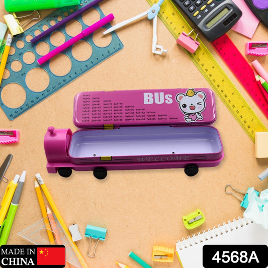 4568A Double Decker Magic Bus Compass 2 Layer Metal Bus Compass Pencil Case with Movable Wheels & Sharpener Bus Shape with Tiers Metal Pencil Box for Kids Birthday Party