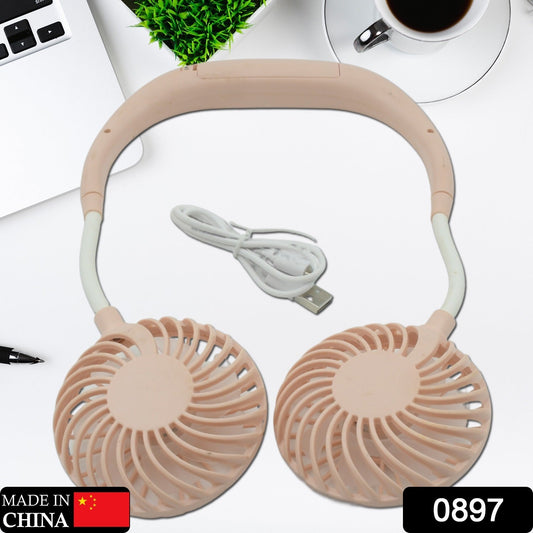 0897 Portable Fan USB Rechargeable Mini Hand Free Personal Fan Adjustable Speed Wearable Neckband Fan for Camping Traveling Office Room Outdoor (1 Pc )