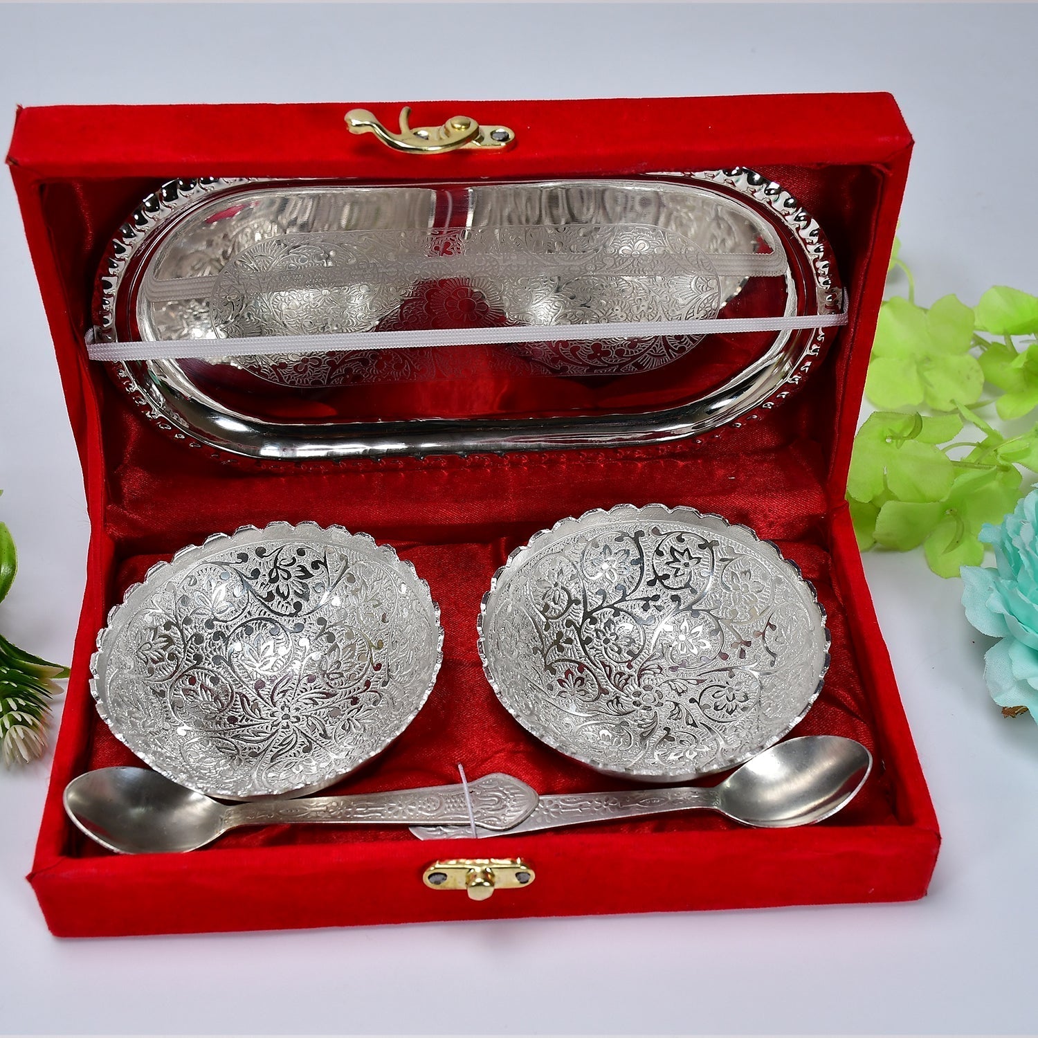 2947A Silver Plated 2 Bowl 2 Spoon Tray Set Brass with Red Velvet Gift Box Serving Dry Fruits Desserts Gift, Bartan DeoDap